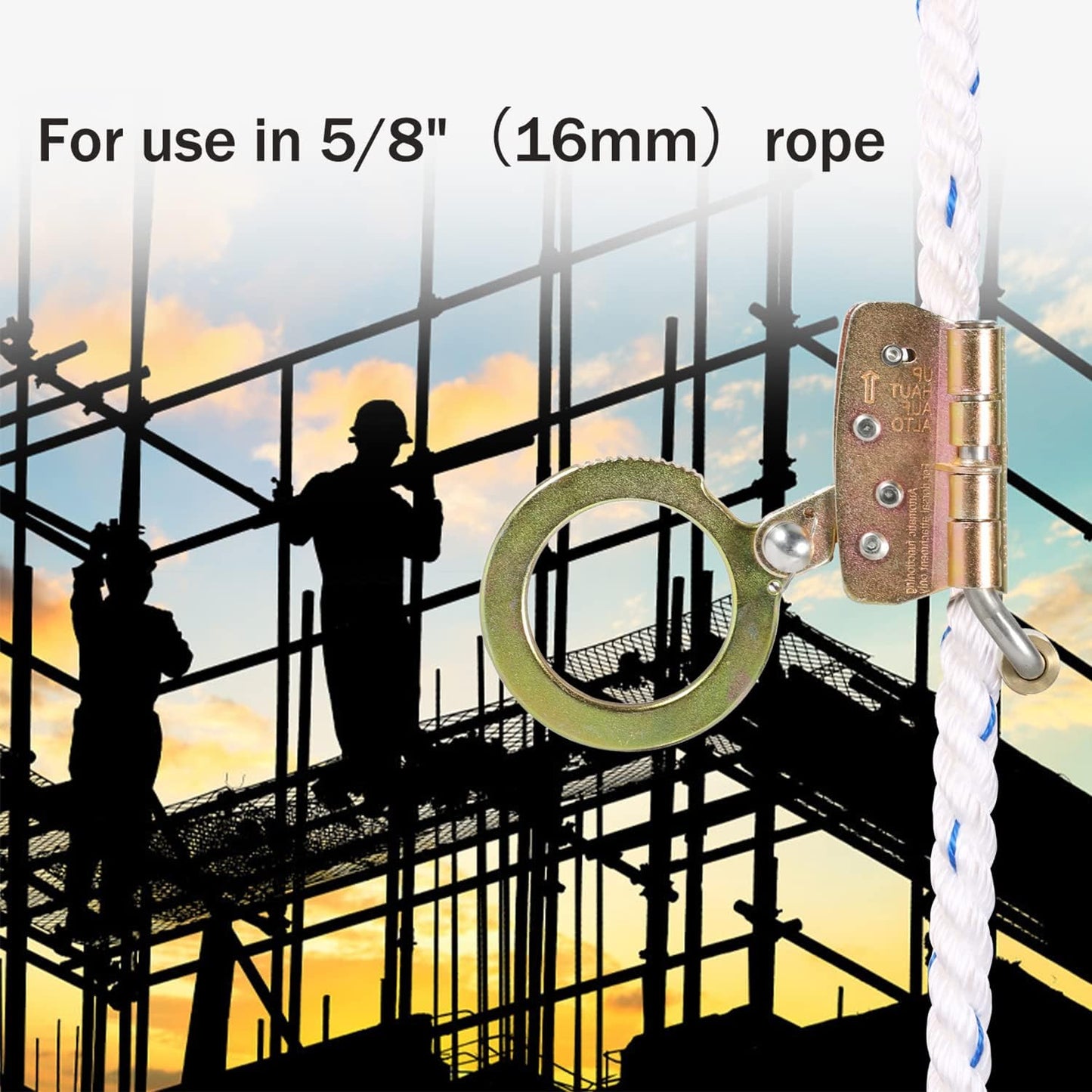 Fall Protection Rope Grab with Anti-Panic Feature, Auto-Trail Double Locking Rope Grabs Fall Arrester, Used with 5/8” Lifeline Rope, for Construction, Climbing, Comply to ANSI/OSHA