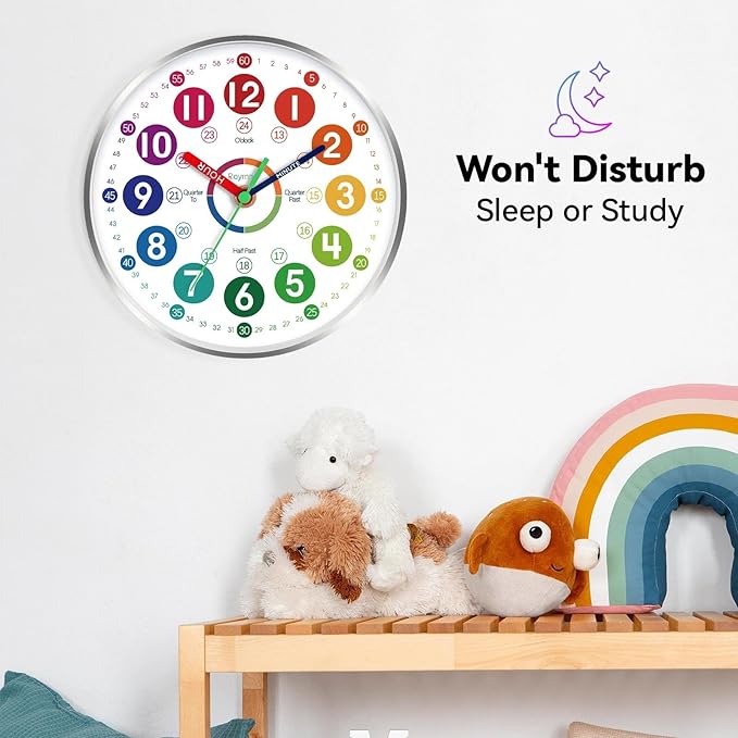 Wall Clock for Kids Learning - Teaching Time Wall Clocks Battery Operated Silent Non Ticking - Analog Colorful Clock Decorative for Kids Room Classroom School(8 Inch&Silver)