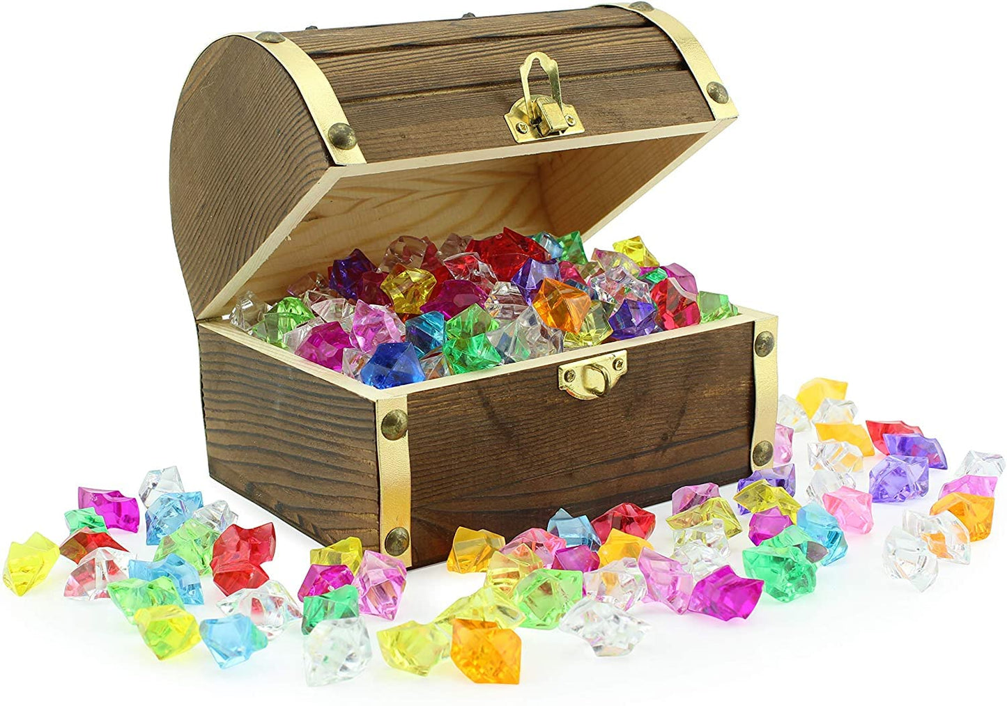 Attatoy Wooden Pirate Treasure Chest with 240 Colored Jewels (Plastic Gems); 6 x 4.5 x 5 Antique Style Wood Box; 1 Lb. Acrylic G