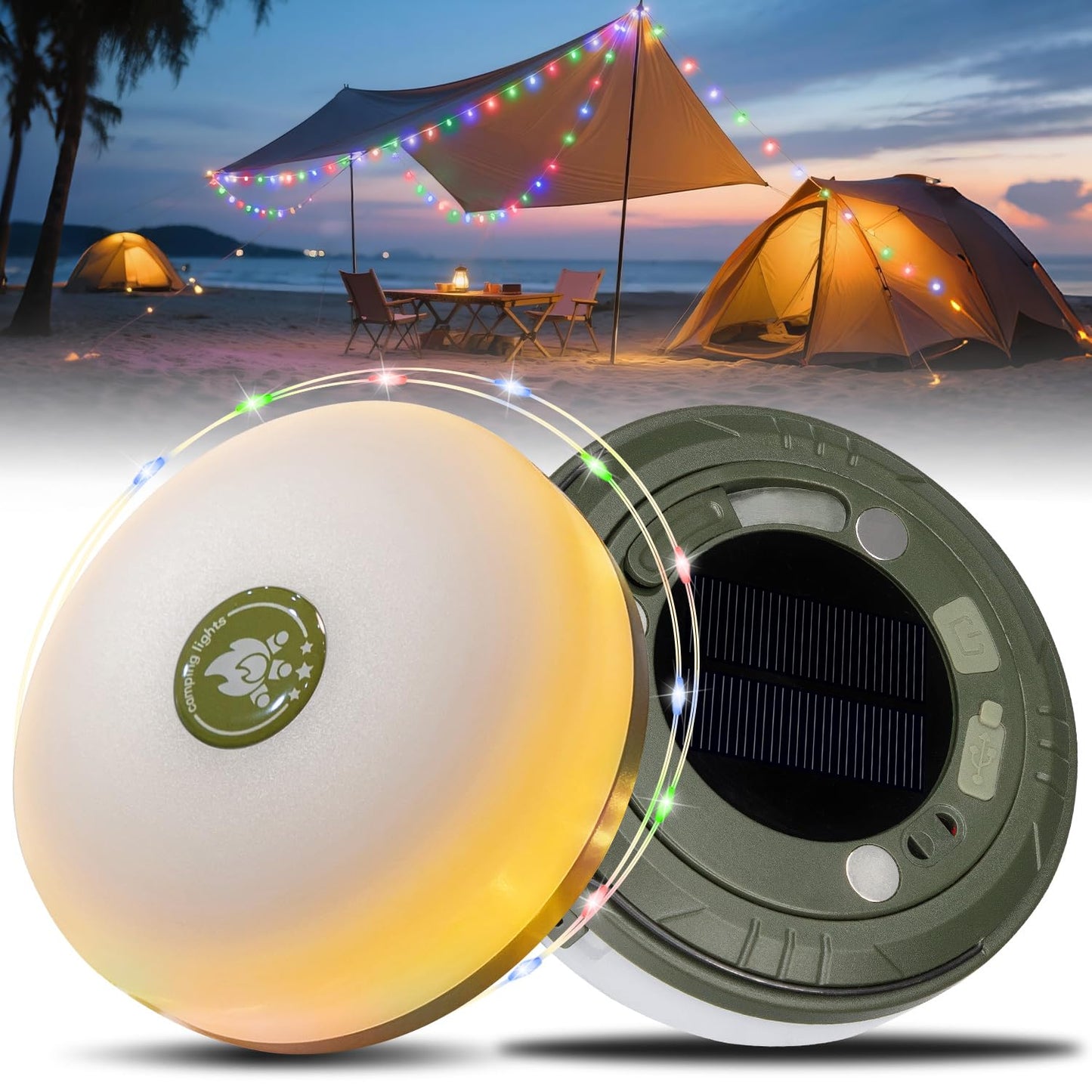 Hiromeco 2-in-1 Solar Camping Lights String, 5 Modes, IP65 Waterproof, 1200mAh Battery, 29.52ft, Multicolor, Model Hir-CSL