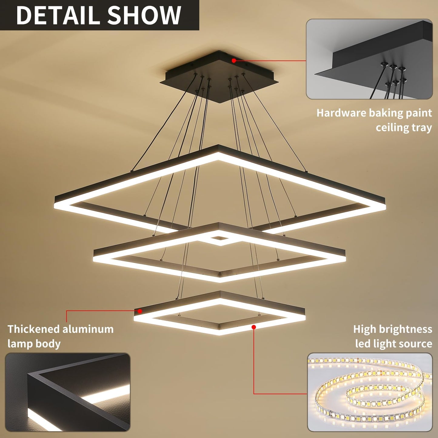 Matven Ceiling Chandelier, Remote Control, Dimmable 3 Color Modes, 15.7+23.6+31.4in, Black, Aluminum Pendant Light Fixture
