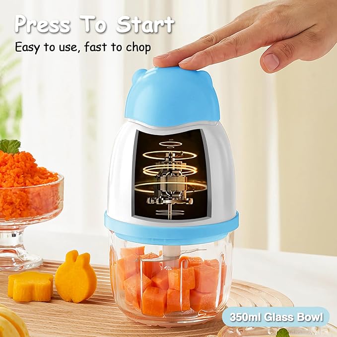 Baby Food Maker, Cordless Food Processor Puree Blender with 350ml Glass Bowl ＆ 6 Sharp Blades, Small Wireless Chopper Baby Puree Maker, Mini Rechargeable Chopper Kitchen Mixer for Veggie, Xmas Gift