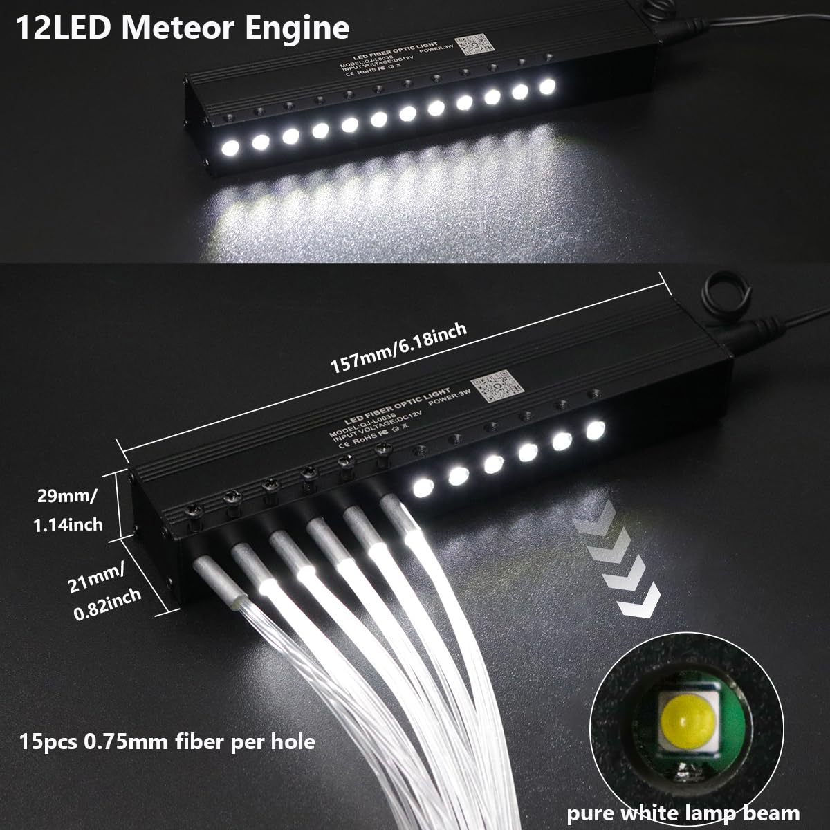 AZIMOM Mini 6W Fiber Optic Starlight Headliner + 180pcs Meteor Shooting Star, Black, Model QJ-L006, 9.8ft, Sound-Activated,