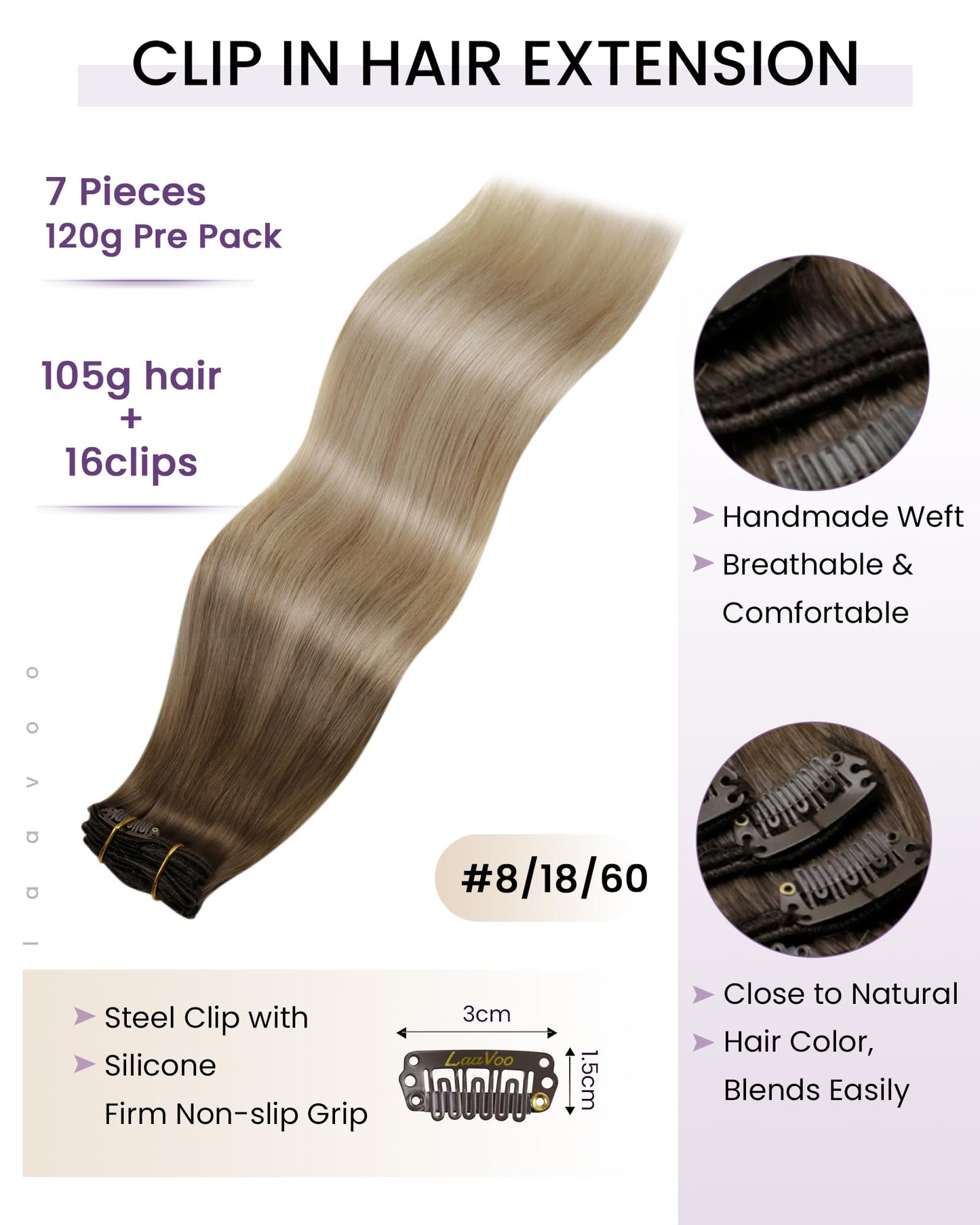 LaaVoo Hair Extensions Real Human Hair Clip ins Light Brown Ombre Ash Blonde Mix Platinum Blonde Balayage Clip in Extensions Rea