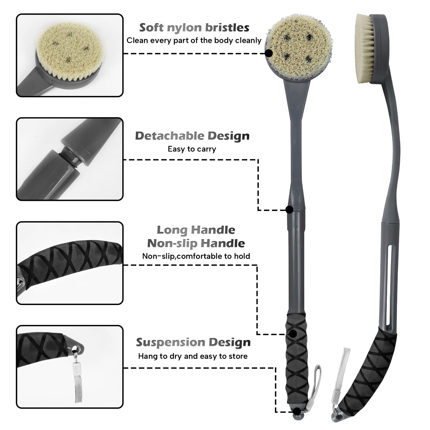 Back Brush Long Handle for Shower, 20.5” Bath Brush, Back Scrubber, Shower Body Brush with Curved Handle for Elderly Disabled, Limited Mobility, Frozen Shoulder,Men and Women