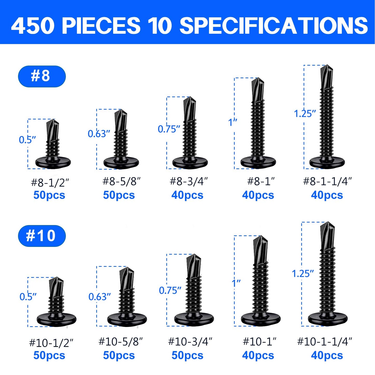 450PCS Self Tapping Screws for Metal, 410 Stainless Steel Self Drilling Screws #8#10 Truss Head Sheet Metal Screws Assortment Kits, Length 1/2"" to 1-1/4'' (Black)