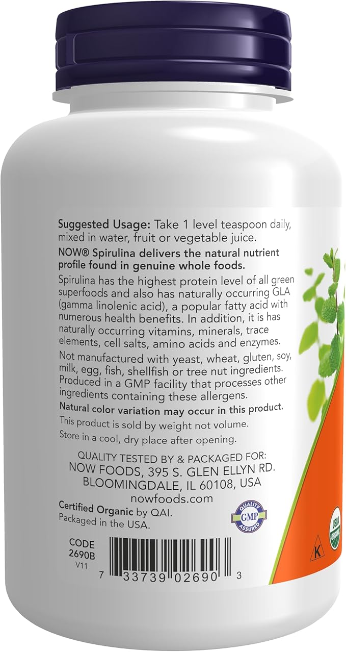 NOW Supplements, Certified Organic, Spirulina Powder, Rich in Beta-Carotene (Vitamin A) and B-12 with Naturally Occurring GLA & Chlorophyll, 4-Ounce (Pack of 2)