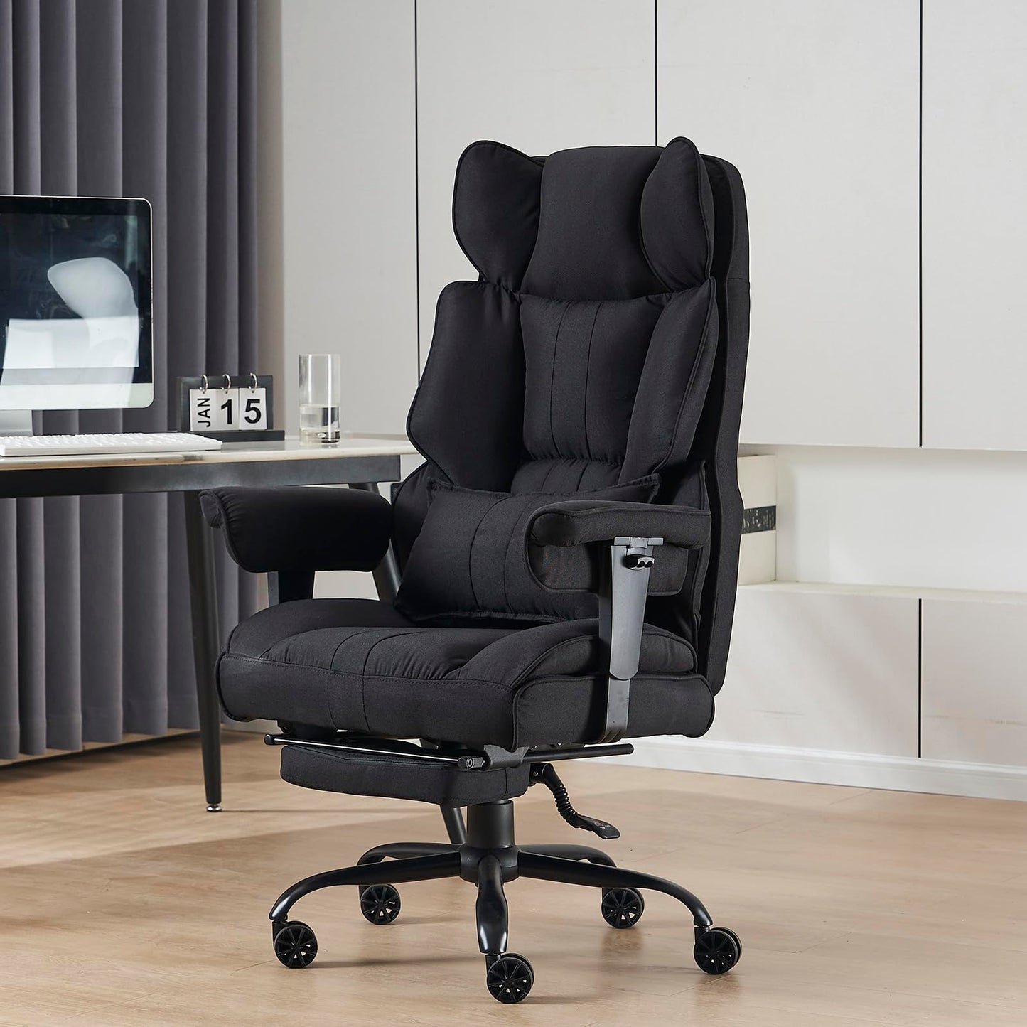 Efomao Big and Tall Office Chair 400 lb Weight Capacity, High Back Executive Office Chair with Foot Rest, Fabric Computer Chair for Back Pain Relief, Black