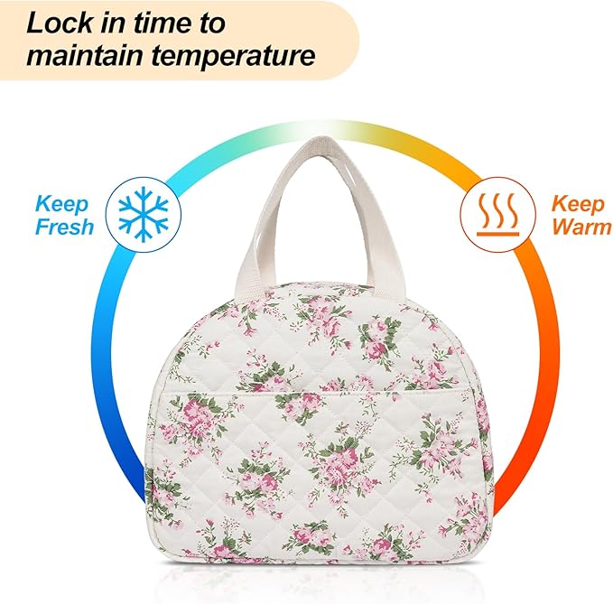 Lunch Box for Women,Cute Quilted Lunch Tote Bag,Reusable Insulated Lunch Box,Large Capacity Cooler Bag with Compartments for Work, Picnics or Travelling
