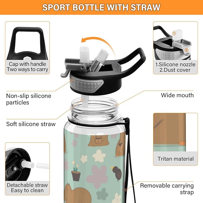 Capybara Kawaii Water Bottle with Straw Flowers Sports Bottles BPA-Free Tritan Water Jug with Carrying Strap for Gym Office Outdoor Sports