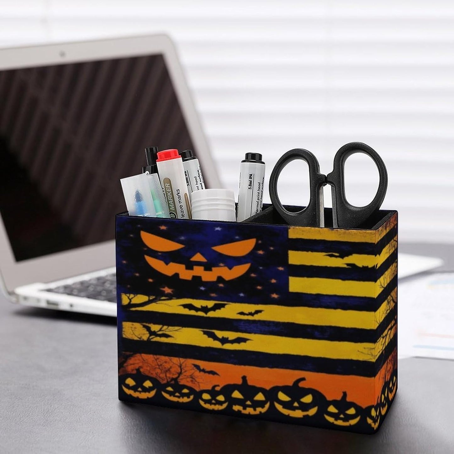 Halloween Flag Lether Pen Holder for Desk Makeup Brush Holder Office Organizer Desk Accessory for School Office