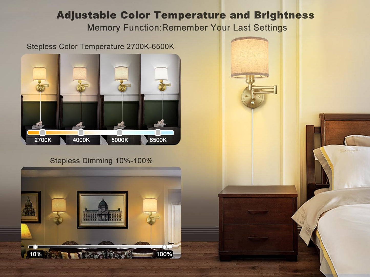 Goodate Plug In Wall Sconces With Remote Control  Dimming & Adjustable Colors 2700K-6500K  Hardwire Or Plug-In  Swing Arm Wall Lamp With Linen Fabric Shade  Wall Sconces Set Of Two  Gold Finish