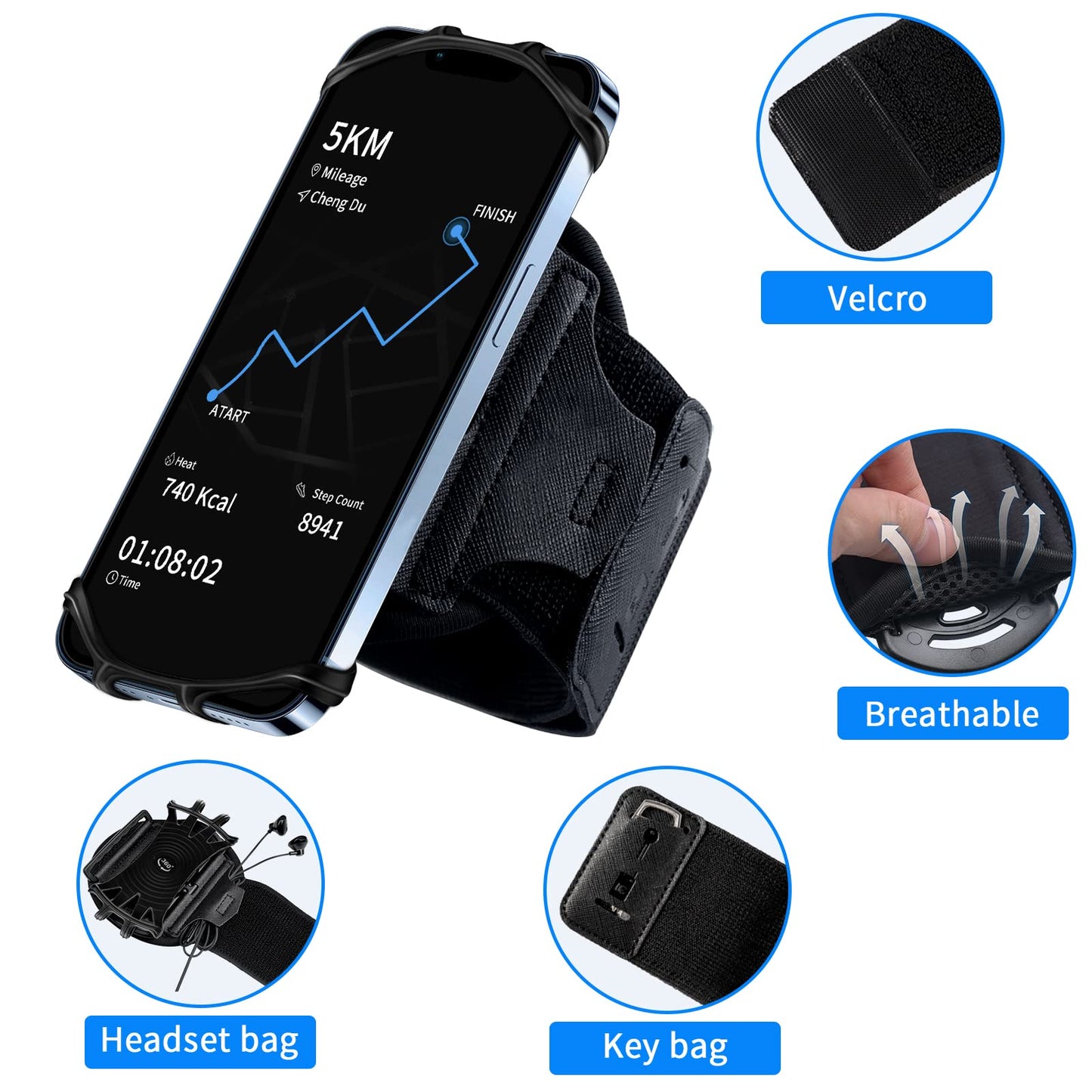 Hlomom Wristband Phone Holder For Running, 360Rotation & Detachable Sports Armband With Key Holder For Iphone 16/15/14/13/12/11/