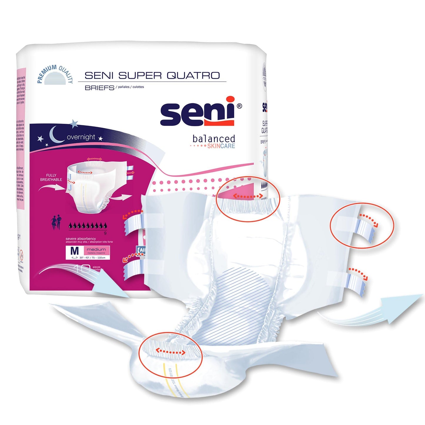 Seni Super Quatro Unisex Adult Incontinence Briefs with Tabs, Size Medium (30"-43"), 40 Count (4 Packs of 10), Severe Absorbency, Disposable Overnight Briefs for Men & Women