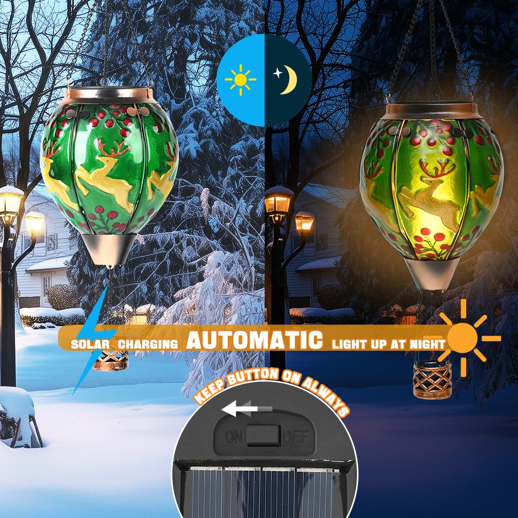 Solar Powered Hot Air Balloon Lantern - Christmas Reindeer Glass Lantern  Simulated Flickering & Dancing Flame  Outdoor Hanging Yard Light Waterproof Ip65 For Patio Lawn Porch Xmas Decor Gift