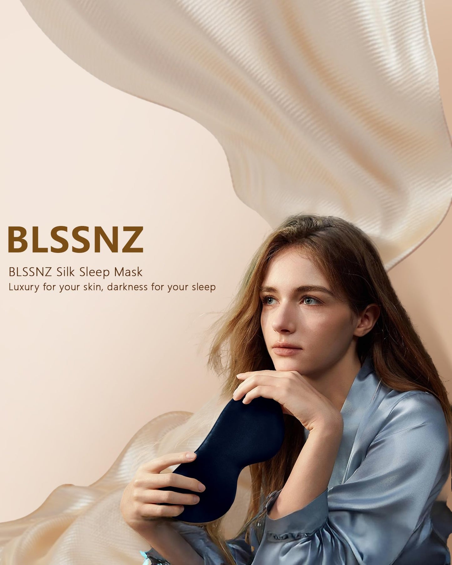 BLSSNZ Silk Eye Mask for Sleeping - Soft Breathable Organic Natural Mulberry Silk Fabric Blackout Sleep Mask with Adjustable Straps No Pressure Eye Mask for Travel Essentials Gifts (Navy Blue)