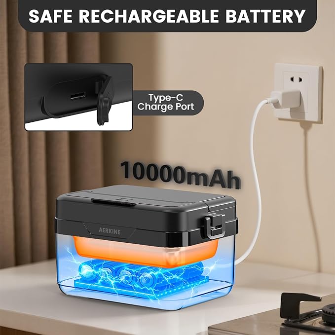 Electric Lunch Box - Rechargeable 75W Self-Heating Food Warmer with 6.3 Cups(1.5L) Stainless Steel Container, Heated Lunch Box For Office, Picnic, Car & Outdoor Use(Black)