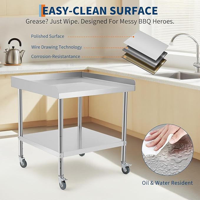 24x24x30 in Stainless Steel Equipment Grill Stand Table NSF Certified with 5 in Wheels, 400 LBS Capacity, 2 in Edge Baffle, for Hotel, Home, Commercial Restaurant Kitchen