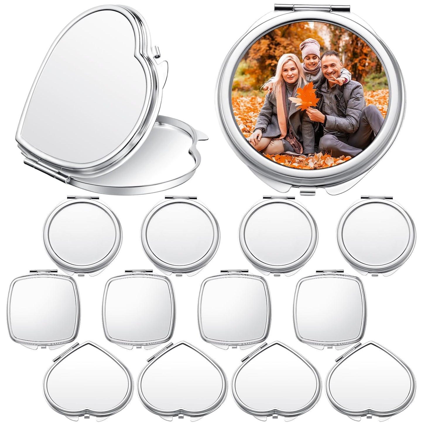 Jetec 12 Pcs Sublimation Blanks Products Small Compact Mirror Bulk Heat Transfer Folding Pocket Makeup Mirror Heart Round Square