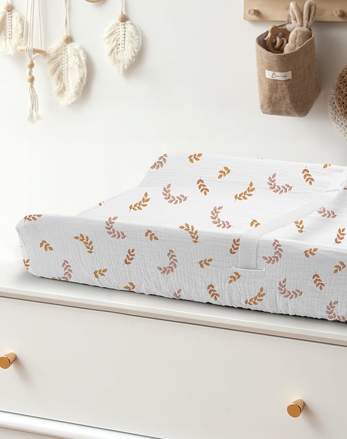 Changing Pad Cover for Baby Girls Boys, Muslin Changing Table Pad Covers with Boho Style, Neutral Color Soft and Breathable (Leaf)