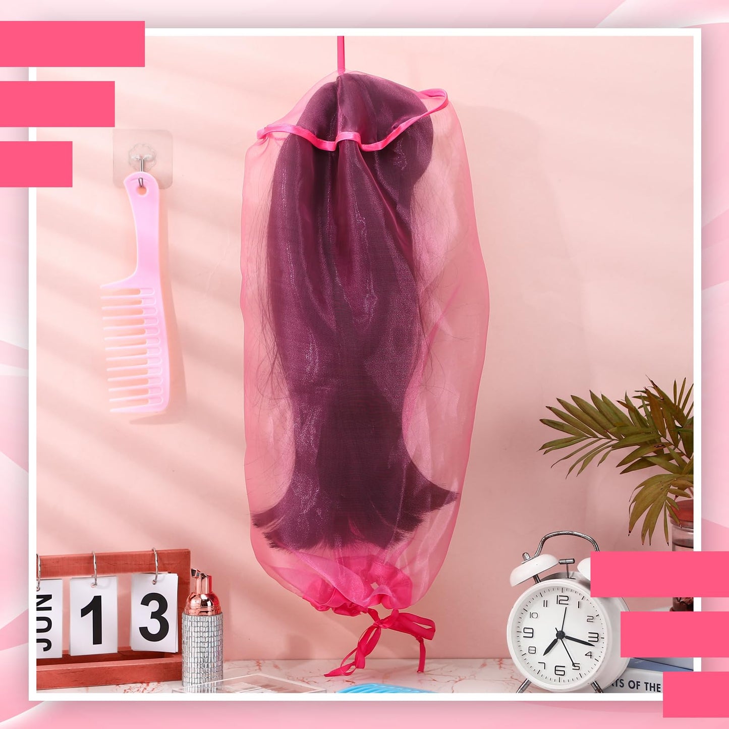 Loopeer 6 Pcs Wig Storage Bags Adjustable Wig Bag with Drawstring Portable Travel Organizer for keep from Dirt Dust(Rose Red)