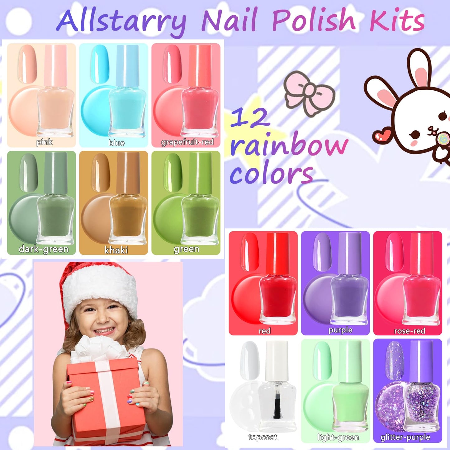 Allstarry Kids Nail Polish 12 Colors Non Toxic Quick Dry Peel-Off Toddler Nail Polish Kit Natural Safe Nail Polish Paint Set Bir