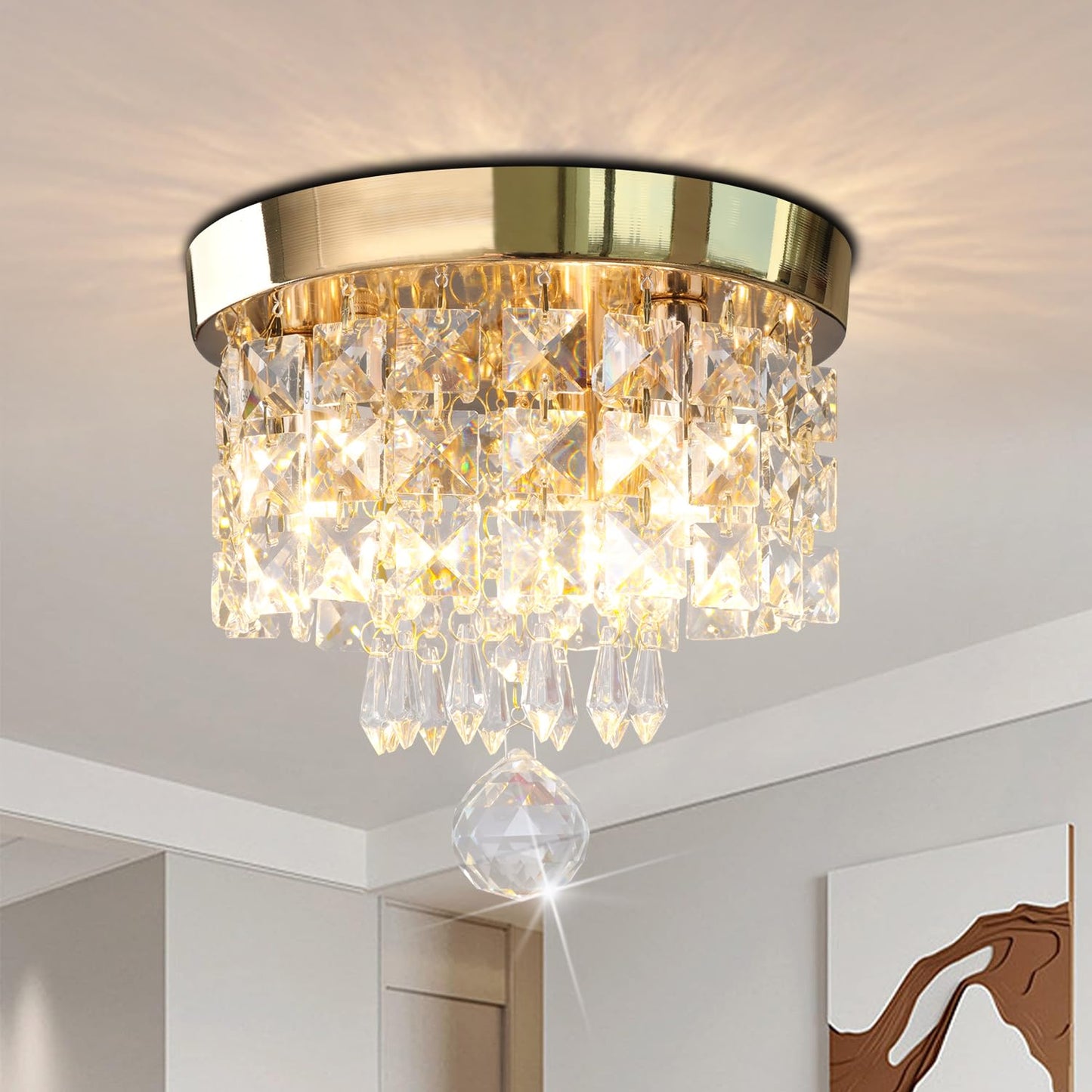 CRYSTOP Mini Crystal Chandelier Gold K9 Crystal Ceiling Light 8in x 7in Model 8818-G-N