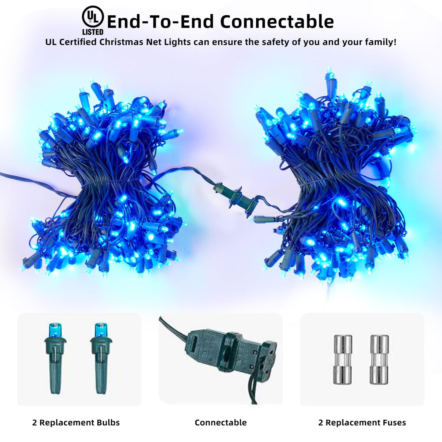 Dirnun LED Christmas Net Lights, 160 LED, 5ft x 7ft, Waterproof, Blue, Model HO-160/4N, Indoor/Outdoor Fairy Mesh Light for Holiday Decor