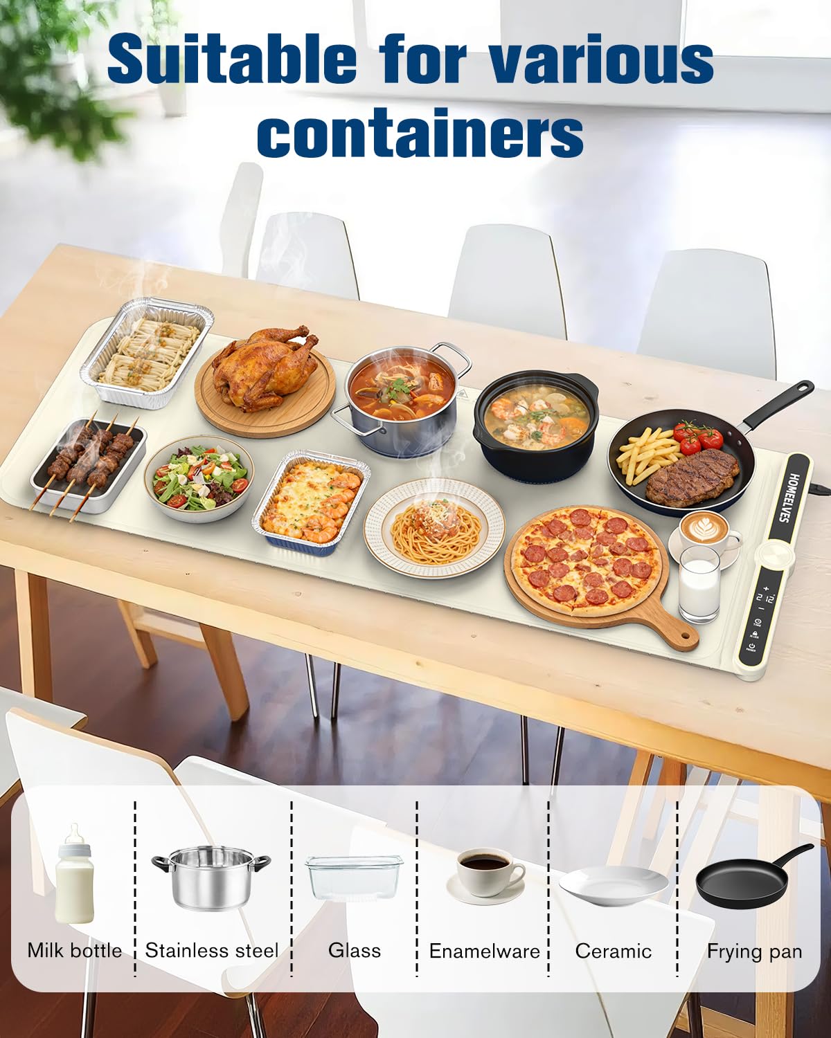 Warming Mat for Food Extra Large 39.4”X15”, 8S Rapid Heating Electric Warming Tray with 9 Temp Setting and 6H Timer, Food Warming Pad, Portable Food Warmers for Parties Buffet, Beige