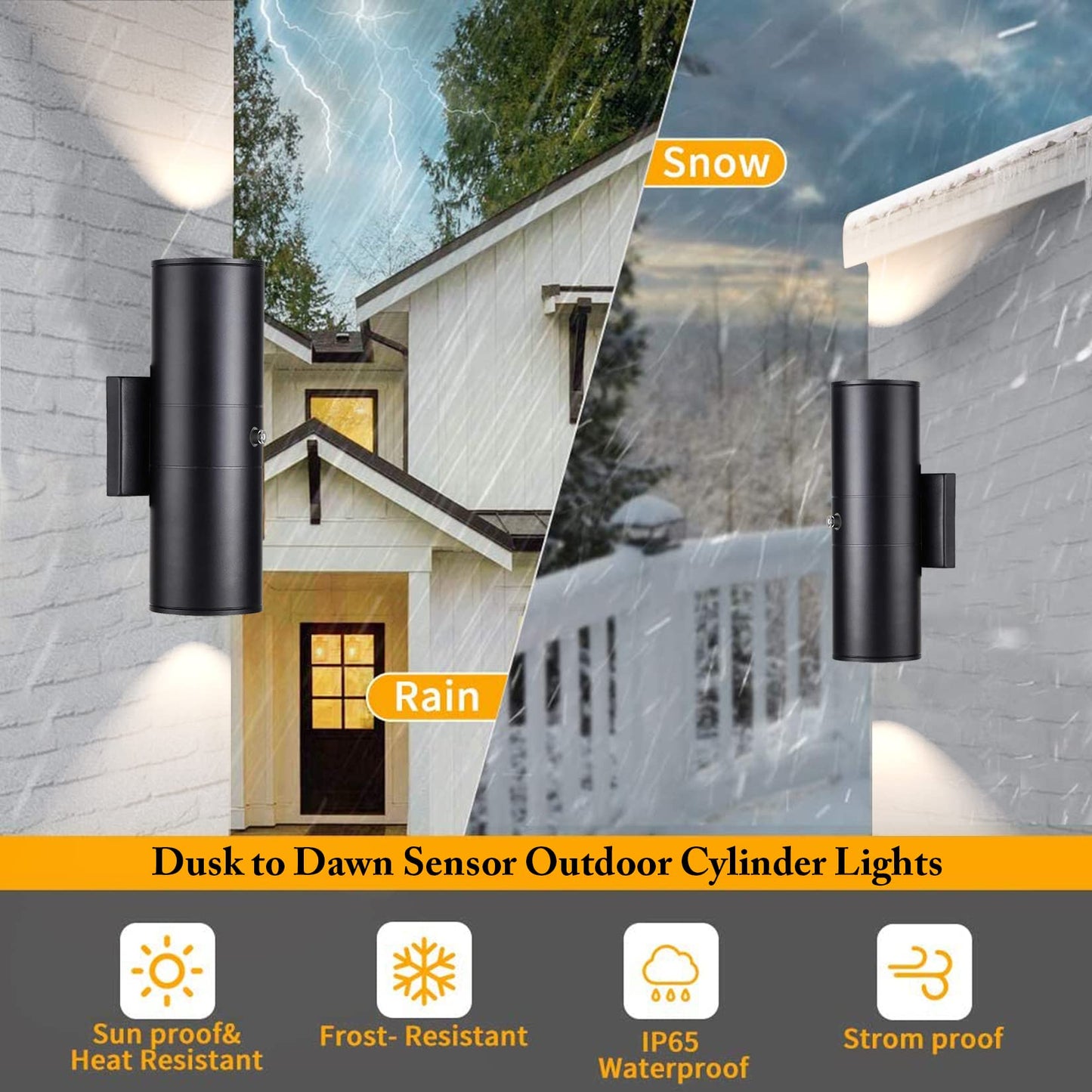 Tipace Modern Outdoor Porch Lights - Matte Black Cylinder Wall Fixtures, Dusk To Dawn Sensor, Aluminum, 2 Pack