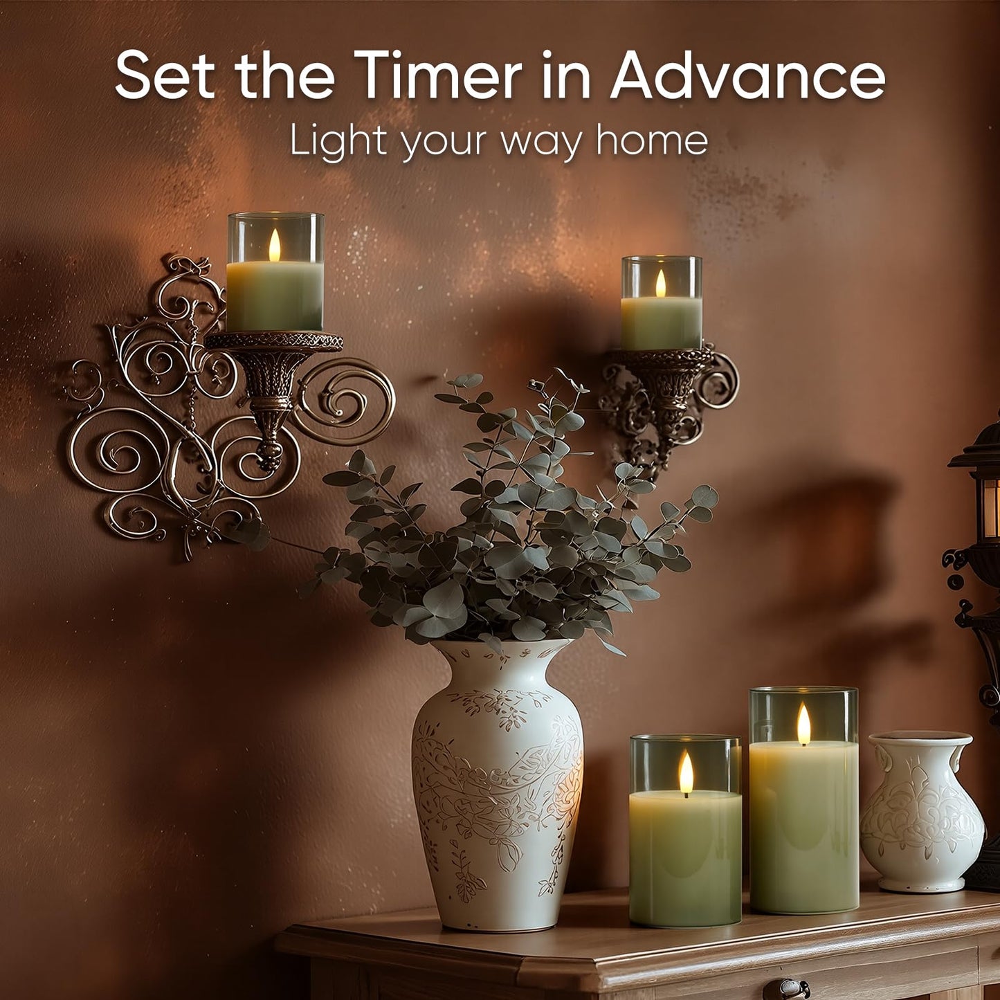 5plots Flameless Battery Operated Candles Set of 3, Green LED Candles with Remote Timer, Real Wax Glass Pillar Candles Warm Flickering Light for Indoor Home, Halloween, Christmas Decor D3 x H4 5" 6"
