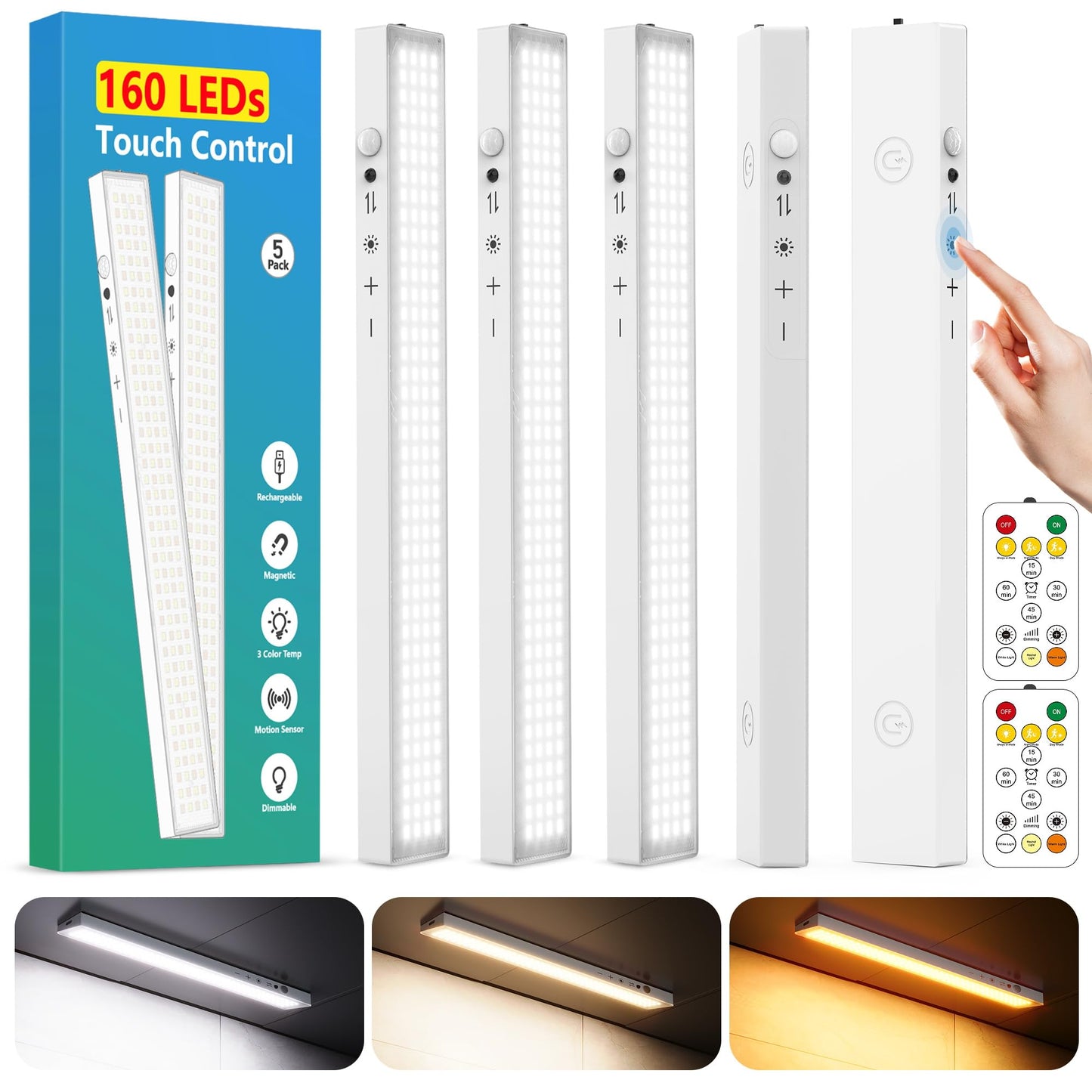 160Leds Touch-Control Under Cabinet Lighting W/4000Mah Battery  Cordless Motion Sensor Under Counter Lights For Kitchen  Magnetic Rechargeable Closet Lights - 5Pack/White  2025 Fall