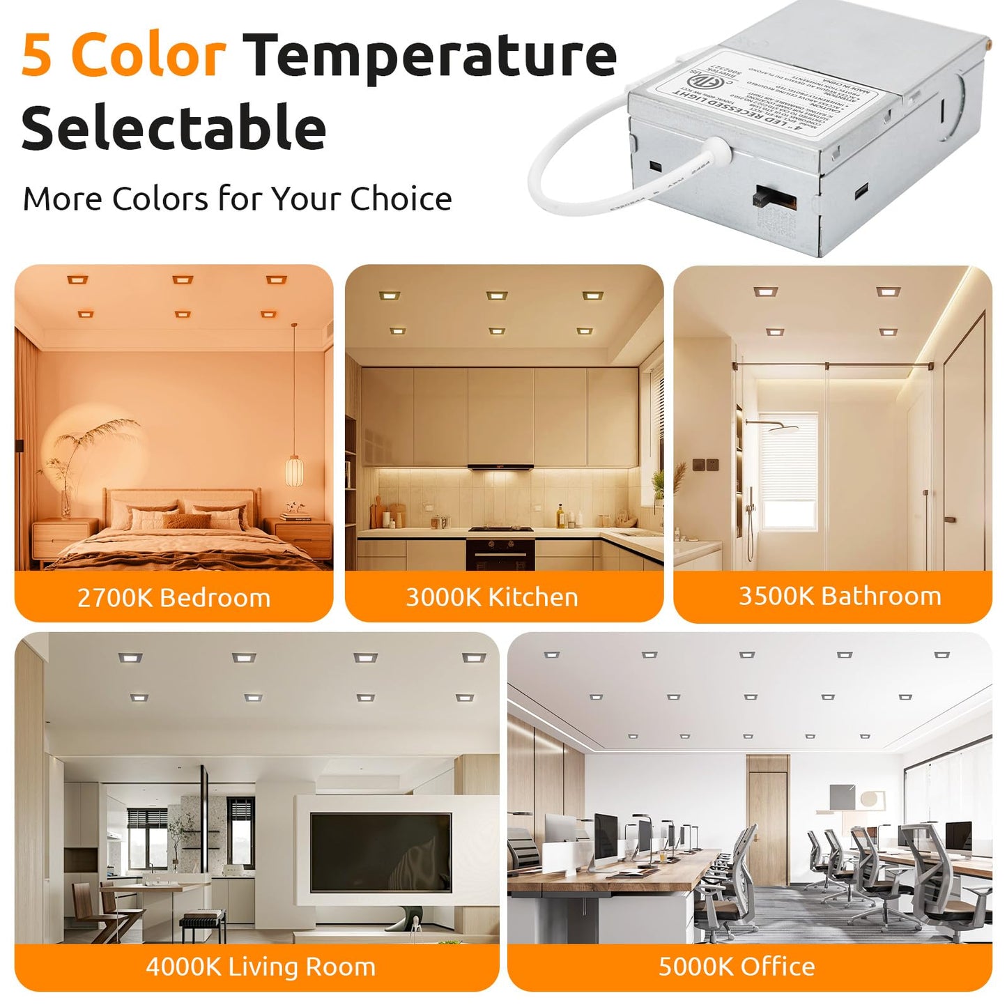 Honzin 1 Pack 6 Inch Square Led Recessed Lighting  5Cct Ultra-Thin Led Ceiling Lights  2700K/3000K/3500K/4000K/5000K Selectable  13W  Ic Rated  Dimmable Black Square Trim With Junction Box