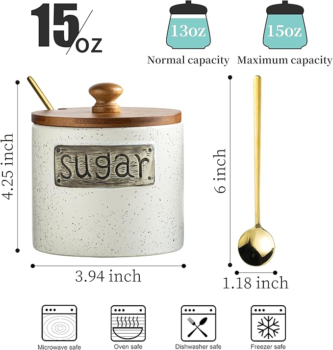 LYEOBOH Ceramic Sugar Bowl with Lid and Spoon, 15 OZ Sugar Holder for Coffee Bar Accessories, Sugar Jar for Countertop, Azucarera Farmhouse Home and Kitchen, White
