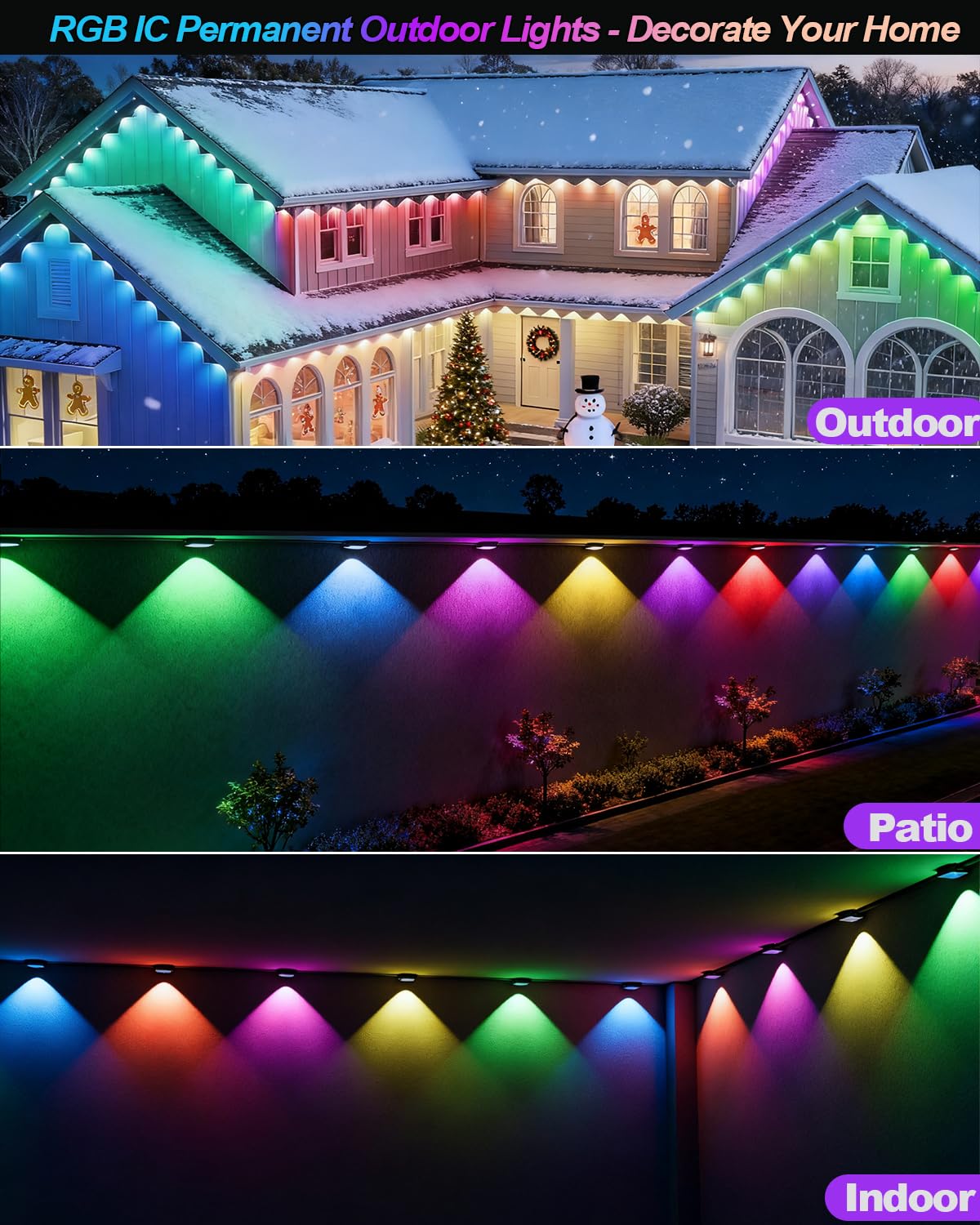 PIYOOPDR RGB-IC LED Christmas Eave Lights, 50FT, 30LED, IP67 Waterproof, Smart Control, Black