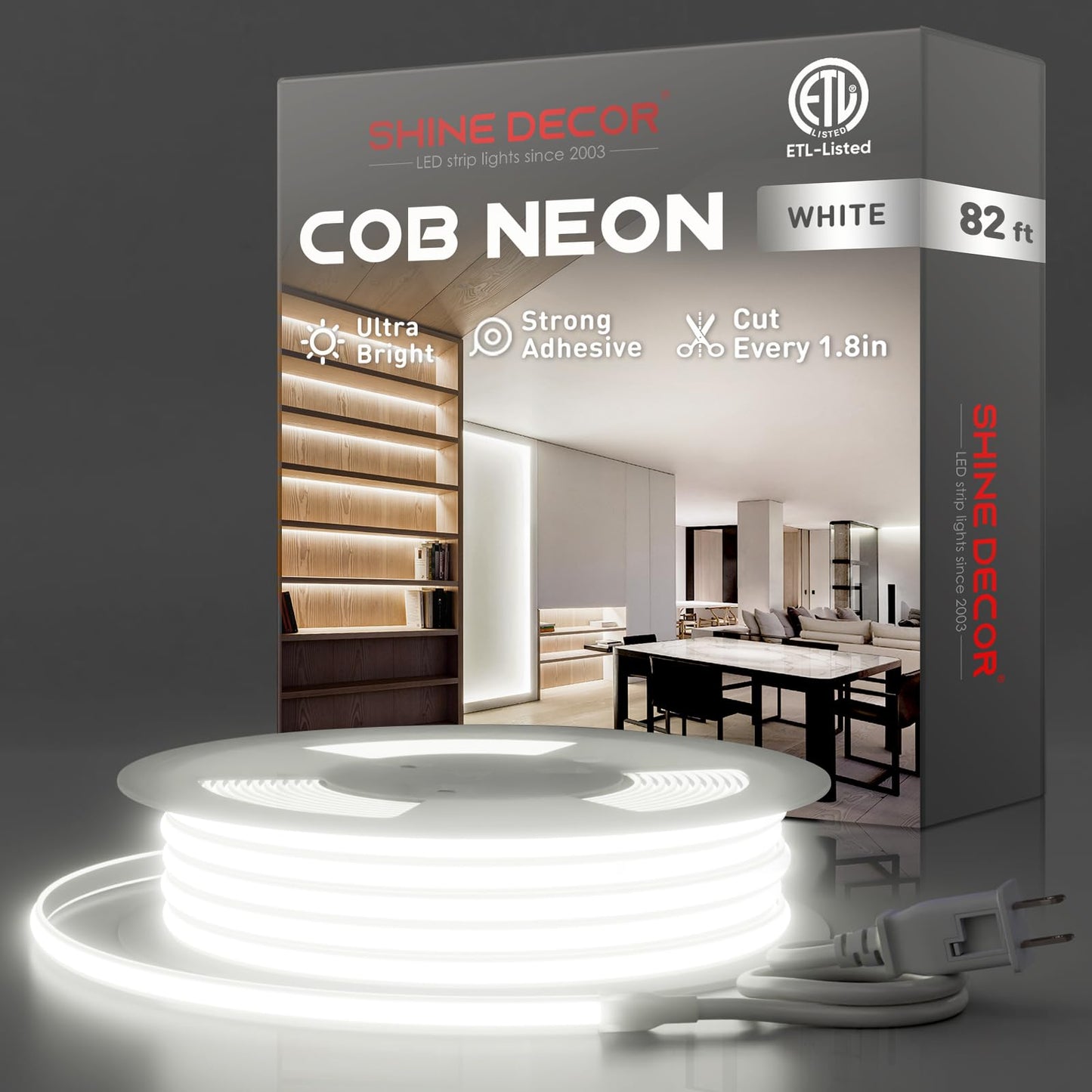 Shine Decor Cob Led Rope Light Ac 120V  800Lm Ultra Bright  Ip65 Waterproof Cold-Resistant Etl Neon Strip  No Driver Tape Lighting For Home Commercial 10X4.5Mm  6000K Cool White  82Ft