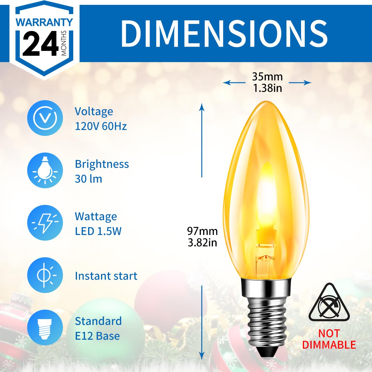 Anwio Flicker Flame Light Bulb 1.5W=3W  Nondimmable Flame Tip 1800K Warm Light Orange Glow Bulbs Crystal Clear Candle Bulb For E12 Chandelier Base (Clear  C35E12(2Pack))