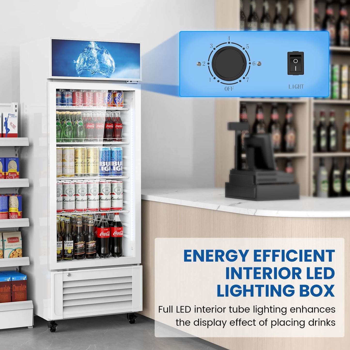 Mojgar 10 Cu Ft Commercial Refrigerators Single Door,Glass Door Merchandiser Display Beverage Fridge with Built-in LED Light,1.64kwh/24h Retail Cooler for Shop,Restaurant,Apartment,etc