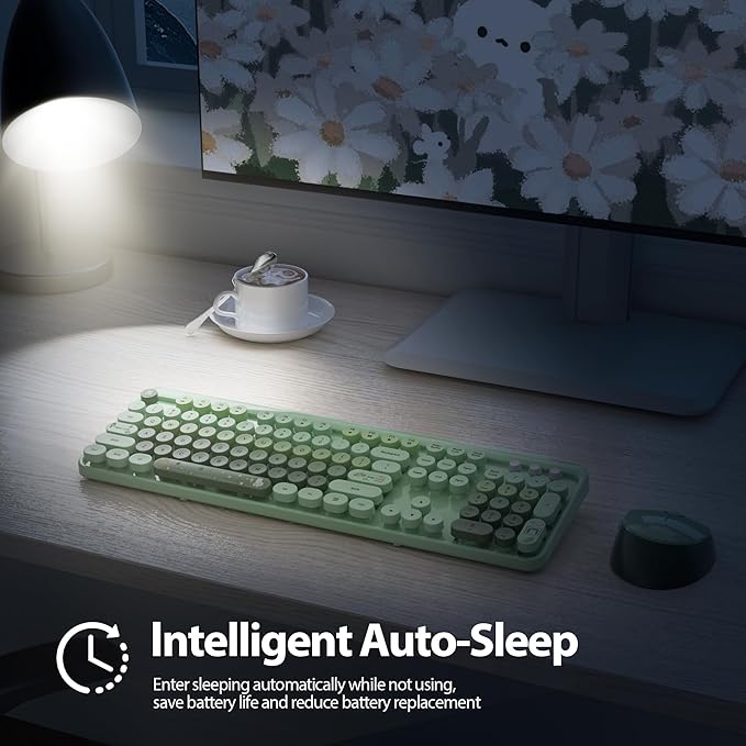Wireless Keyboard and Mouse Set, Retro Typewriter Keyboards, 2.4GHz Full Size 104-Key Cute Keyboard with Number Pad, Colorful Keyboard with Round Keycaps for Windows PC Laptop(Light Green)