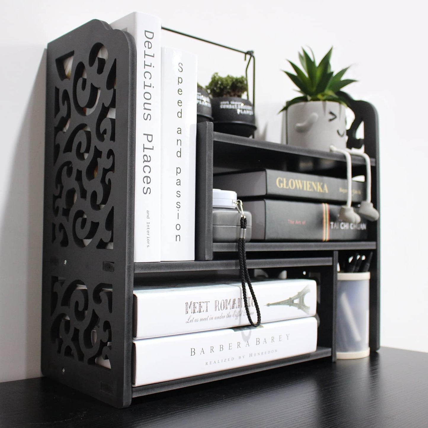 YGYQZ Desk Shelves Desktop Orgnizer Shlef-Black Office Organization for Top of Desk Organizers and Corner Bookshelf Table Top Shelving Small Hutch Decorations for Women Office