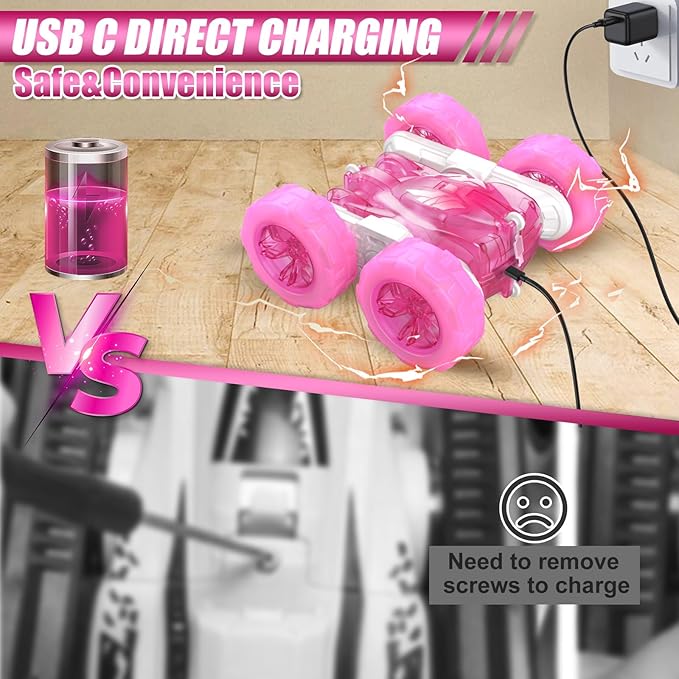 Pink Remote Control Car for Girls Rechargeable Fast Direct Charging RC Cars For Kids with Colorful Light,Double-Sided 360° Rotating Stunt Car 4WD RC Truck Toys for Ages 5-7 Gift for Girls Aged 6-12