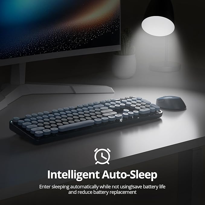 Wireless Keyboard and Mouse Set, Retro Typewriter, 2.4GHz Full Size 104-Key Cute Keyboard with Number Pad, Colorful with Round Keycaps for Windows PC Laptop(Sea Blue)