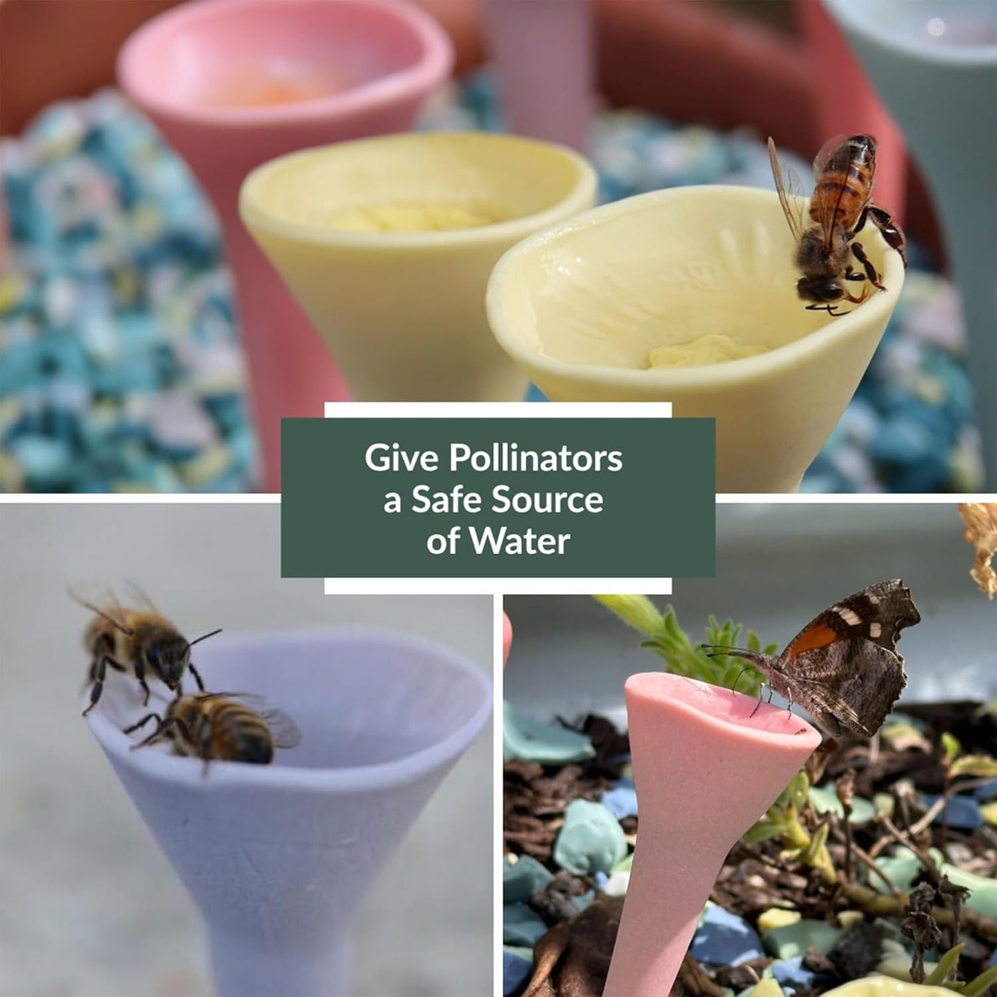 5 Pack, Bee Watering Station, 100% Handmade Porcelain, Bee and Butterfly Feeder for Garden, Outdoor Feeders for Thirsty Pollinators, Plastic Free, Bee Attracting Glaze (5, Sweetheart Pink)