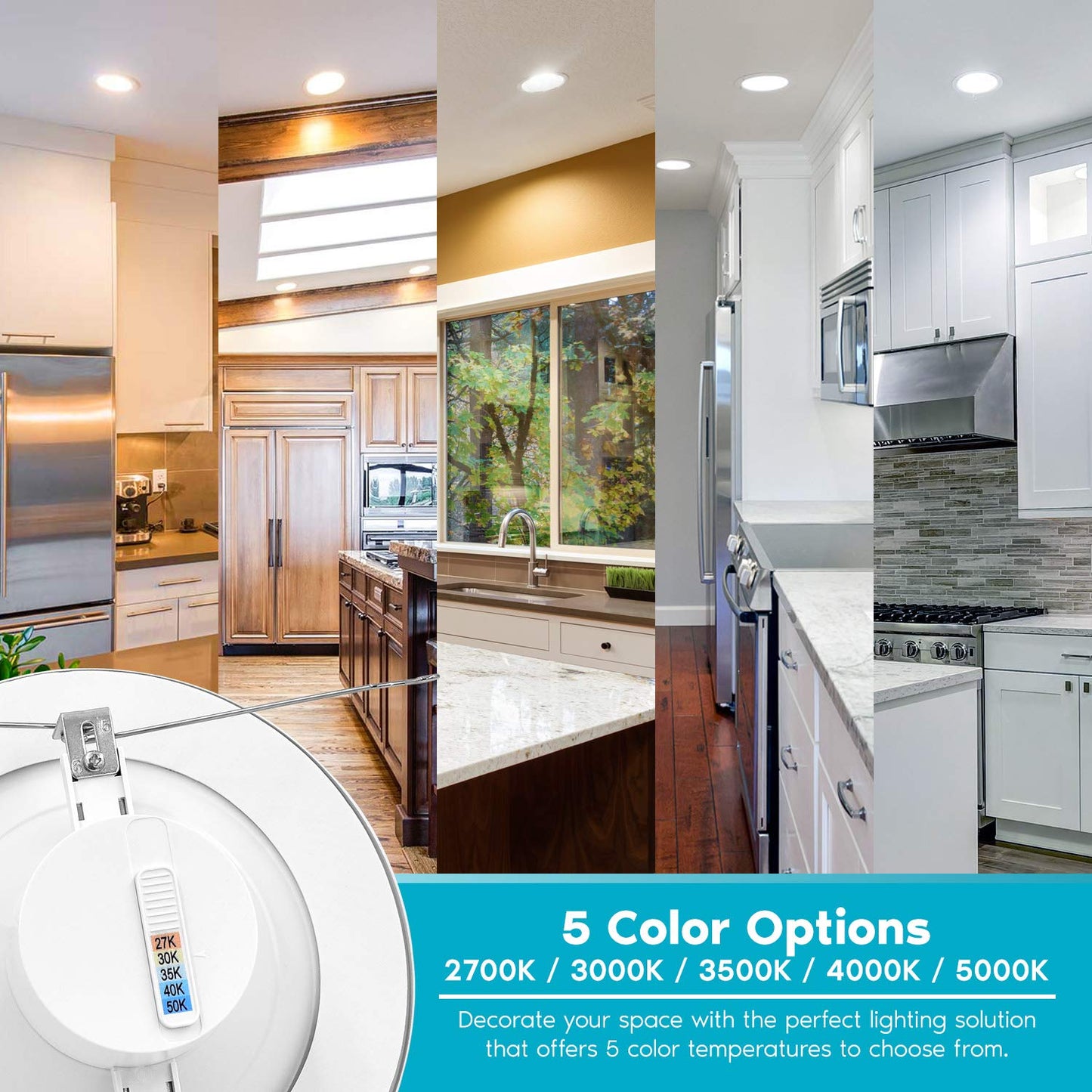 LUXRITE 5/6 Inch LED Recessed Retrofit Downlight, 14W=90W, CCT Color Selectable 2700K | 3000K | 3500K | 4000K | 5000K, Dimmable Can Light, 1100 Lumens, Wet Rated, Energy Star, Smooth Trim (4 Pack)