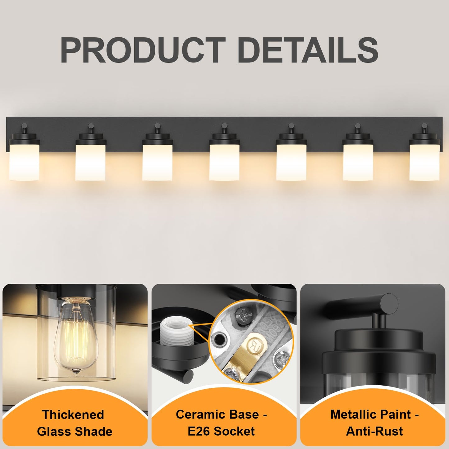 Izorro Bathroom Vanity Light Fixture  7-Light 51 Inch Matte Black Bathroom Light Fixtures Over Mirror  With White Glass Shade  Modern Farmhouse Vanity Lights  Rustic Restroom Lighting Fixtures