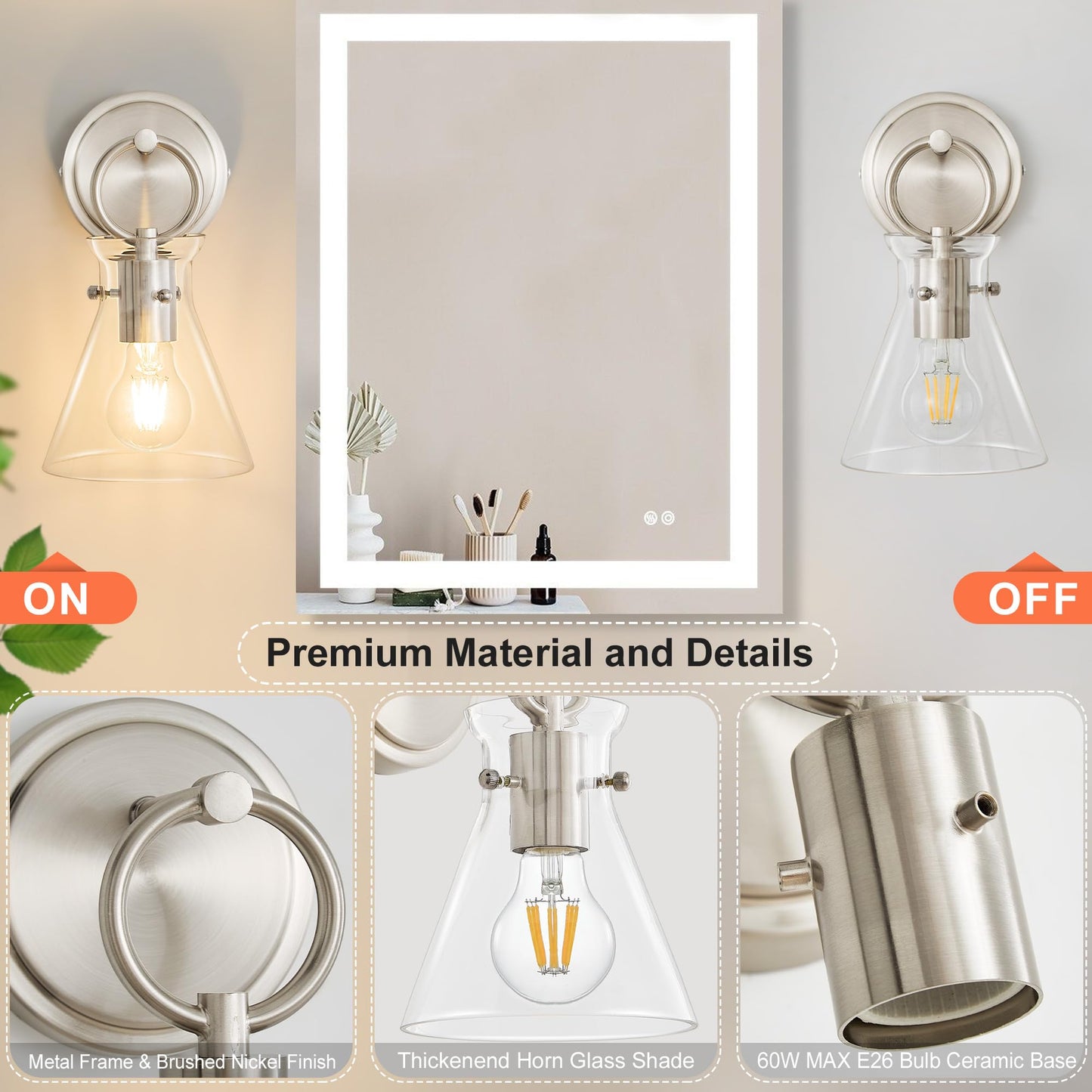 Gednbo Wall Sconces 2 Pack Modern Vanity Light Fixtures For Bathroom Nickel Wall Mount Lighting Lamp Hardwired Farmhouse Wall Lights With 6 Inch Clear Glass Shade For Bedroom Living Room Mirror