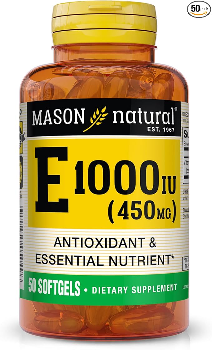 MASON NATURAL Vitamin E 450 mg (1,000 IU) - Antioxidant and Essential Nutrient, Healthy Immune System, Skin and Eyes, Whole Body Supplement, 50 Softgels