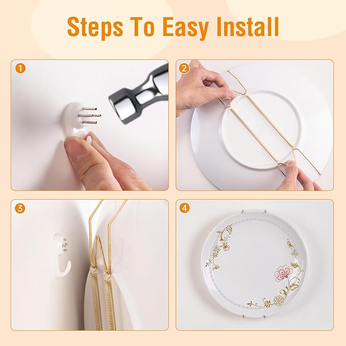 Bilillo 12-Piece Stainless Steel Wall Plate Hangers, 6/8/10 Inch Invisible Decorative Wire Plate Holders with 12 Pieces Wall Hooks for 5.5 to 10.5 Inch (Gold)