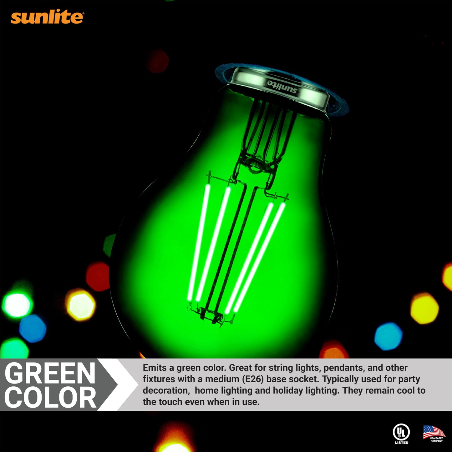 Sunlite LED Filament A19 Light Bulb, Dimmable, 60W Equivalent, 2 Count, Green, Glass, Model 81083