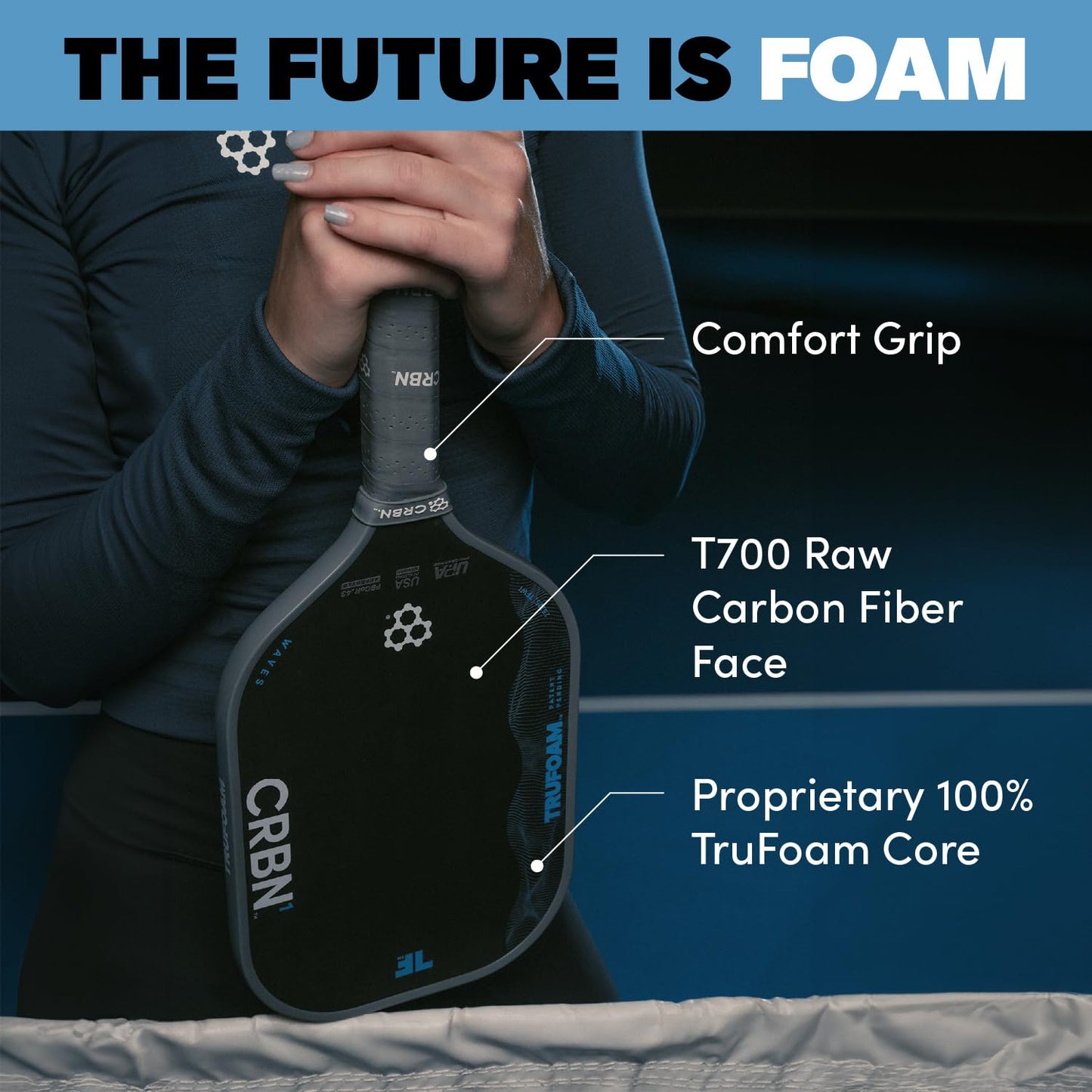 CRBN Pickleball - TruFoam Waves Paddle - Elongated w/Long Handle - Carbon Fiber Pickleball Paddle - 100% Foam Core Designed for Maximum Power, 14mm